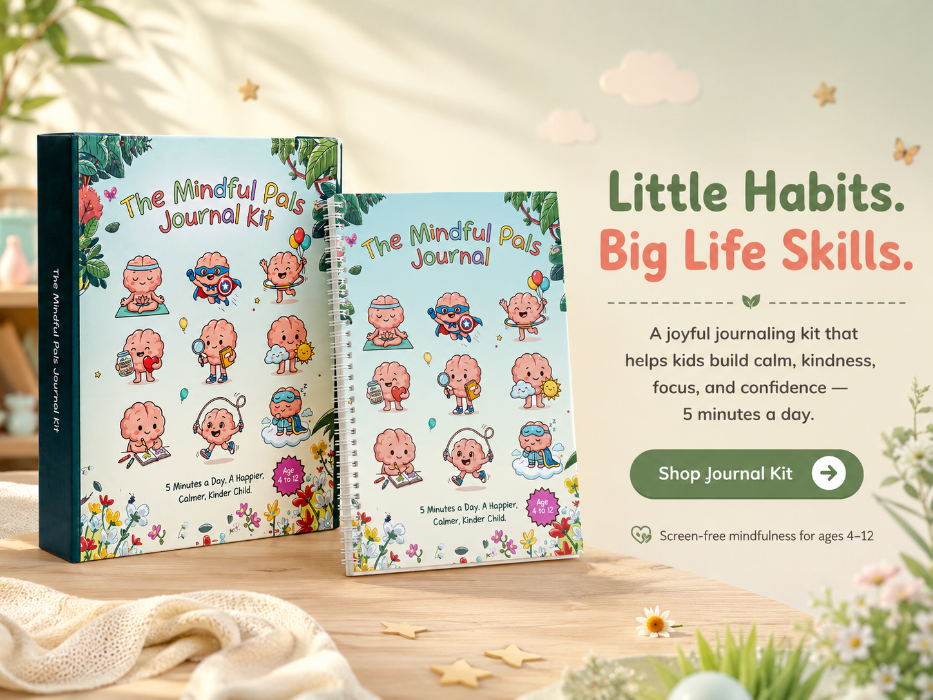 Children's journal kit with cartoon characters on a wooden surface with a soft, blurred background.