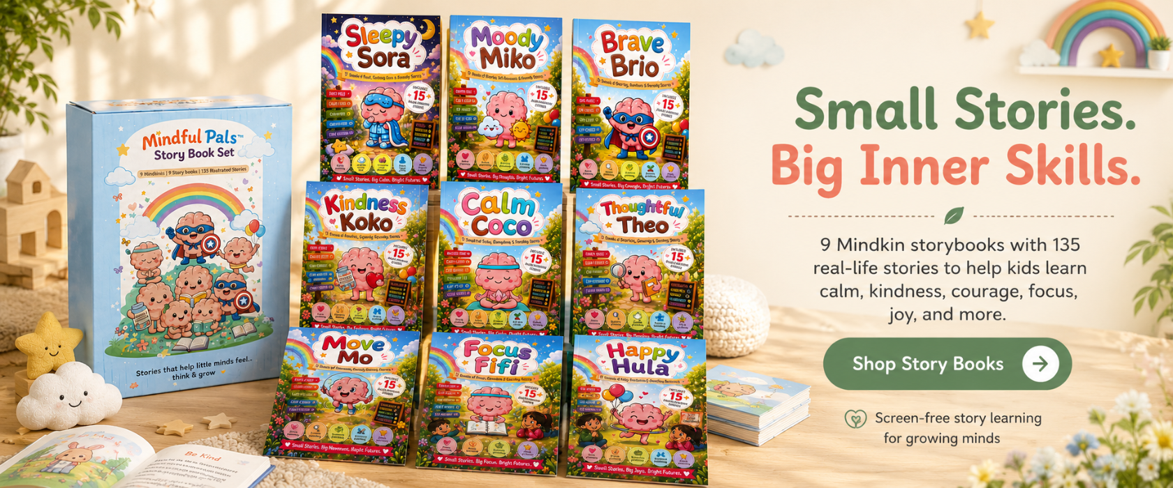 Collection of Mindful Pals story book sets on a wooden surface with promotional text.