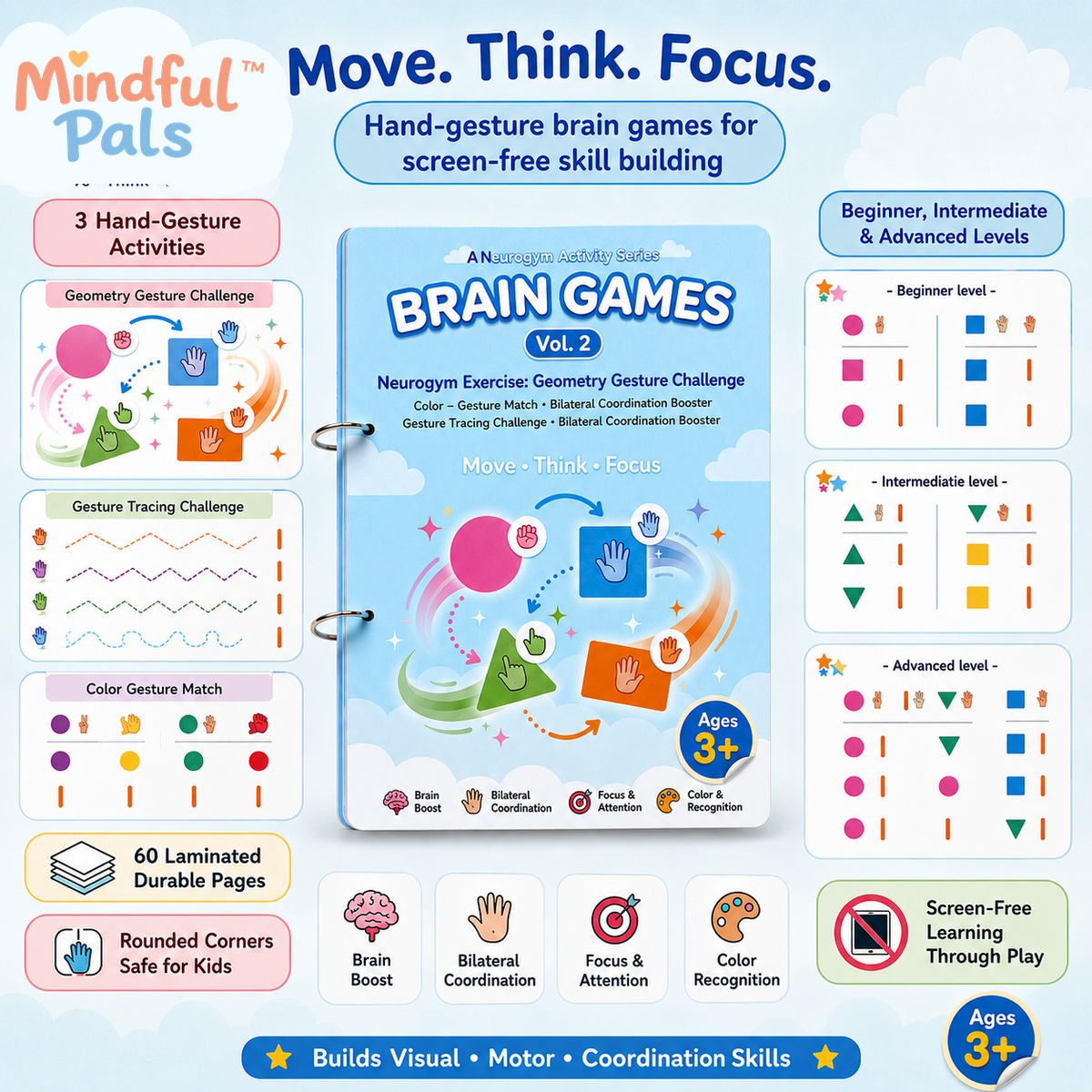Brain Games Volume 2 showing beginner intermediate and advanced activity levels for kids