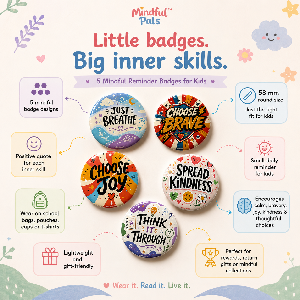 Mindfulpals Badges - 58 mm Quote Badges for Kids