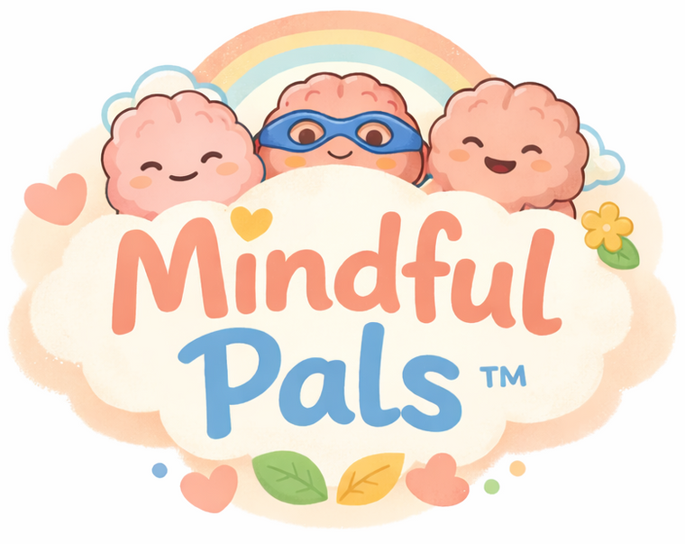 Logo of 'Mindful Pals' with cartoon brains and a rainbow on a white background