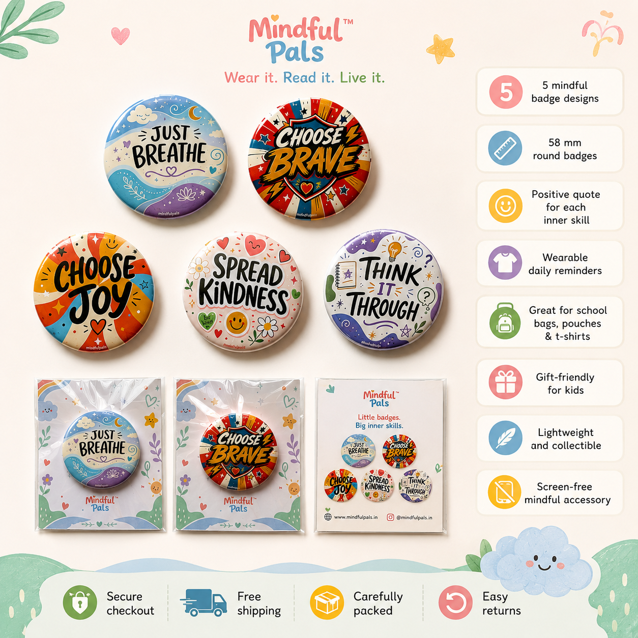 Mindfulpals Badges - 58 mm Quote Badges for Kids