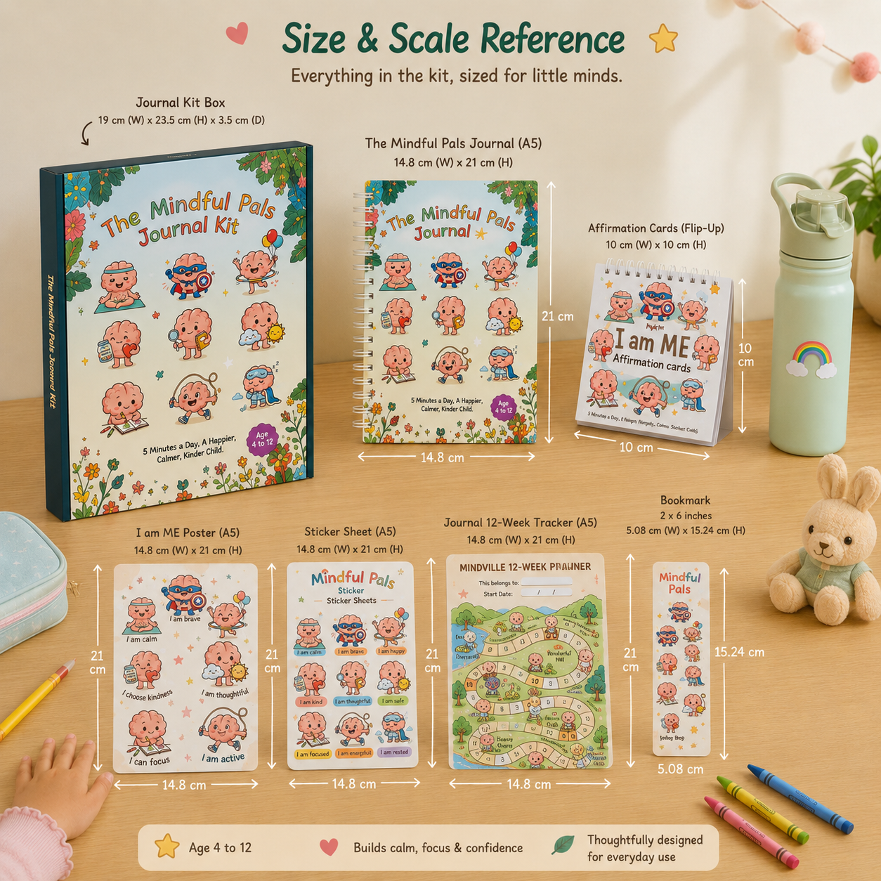 Mindful Pals Journal Kit with various components and size references on a wooden surface.