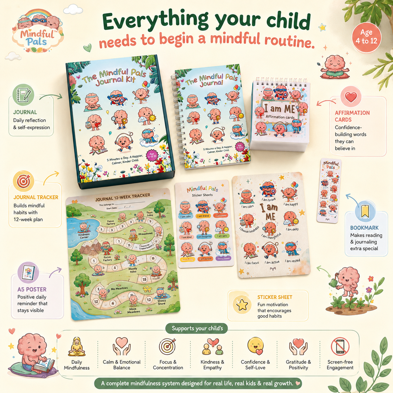 Mindful Pals educational kit for children with journal, tracker, and cards on a light background.