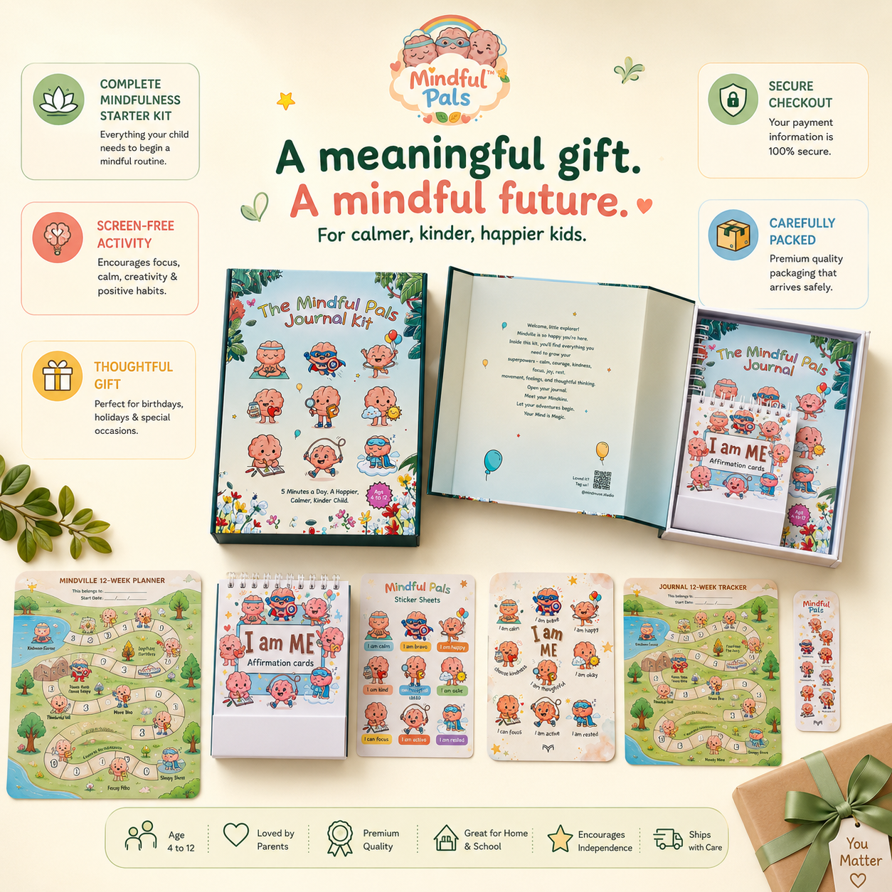Mindful Pals product set with journal, cards, and other materials on a light background