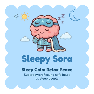Illustration of a cartoon brain character wearing a sleep mask and pajamas with 'Sleepy Sora' text on a light blue background.