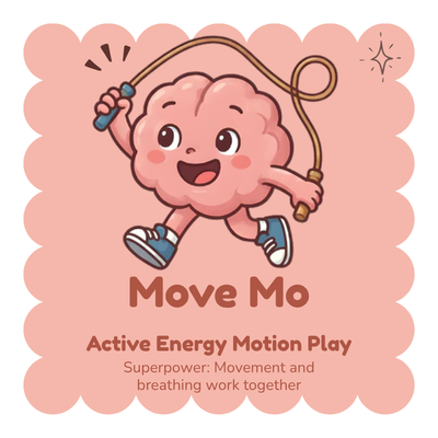 Book cover of 'Move Mo' with a cartoon brain character jumping rope on a pink background.
