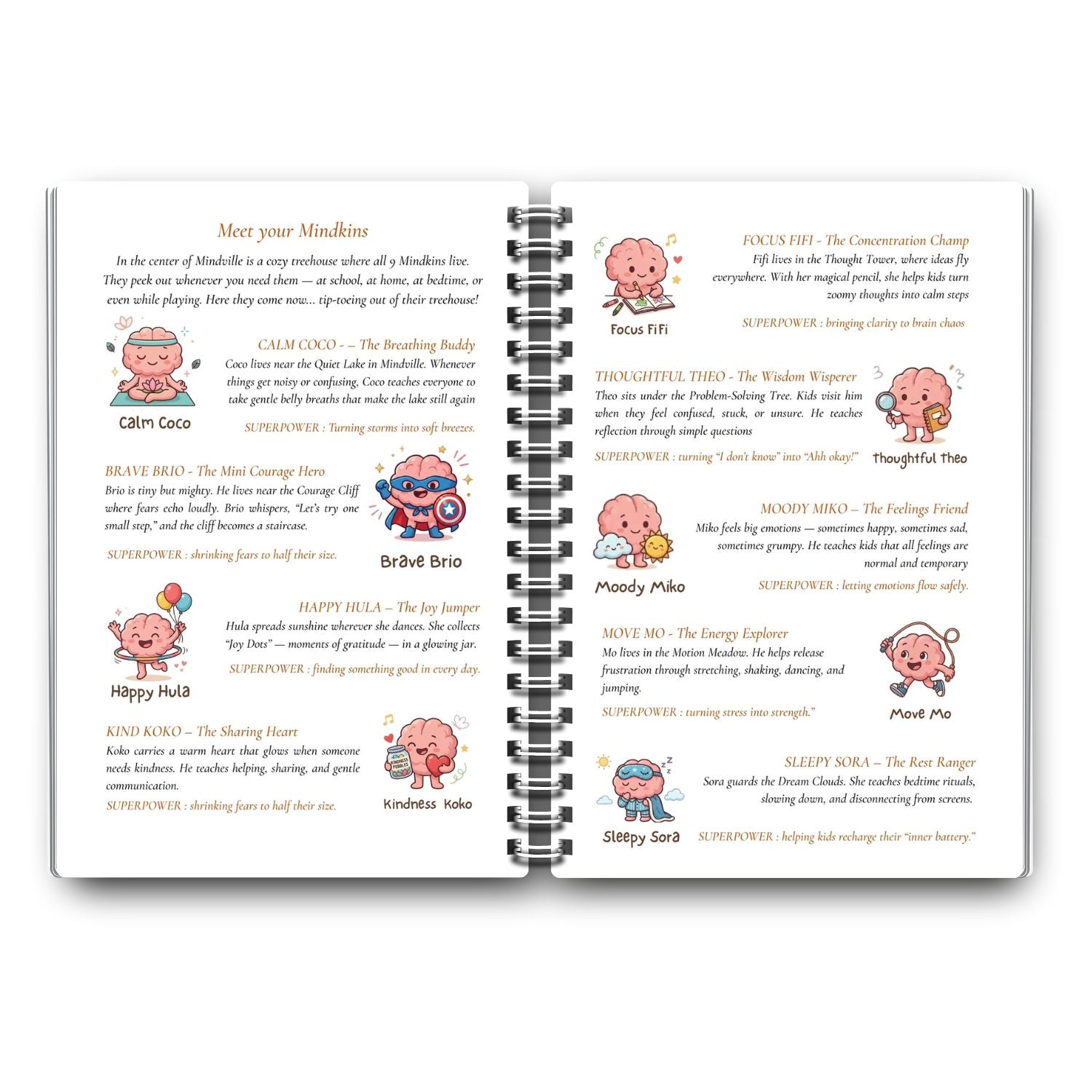 Mindful Pals Journal spiral notebook cover mockup with playful Mindkins design