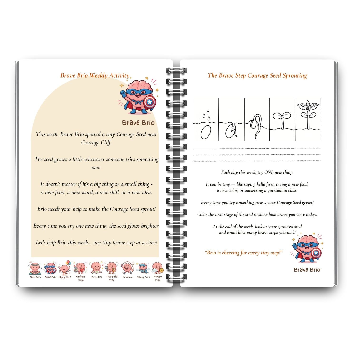 Mindful Pals Journal notebook cover spread mockup showing Mindkins affirmation characters