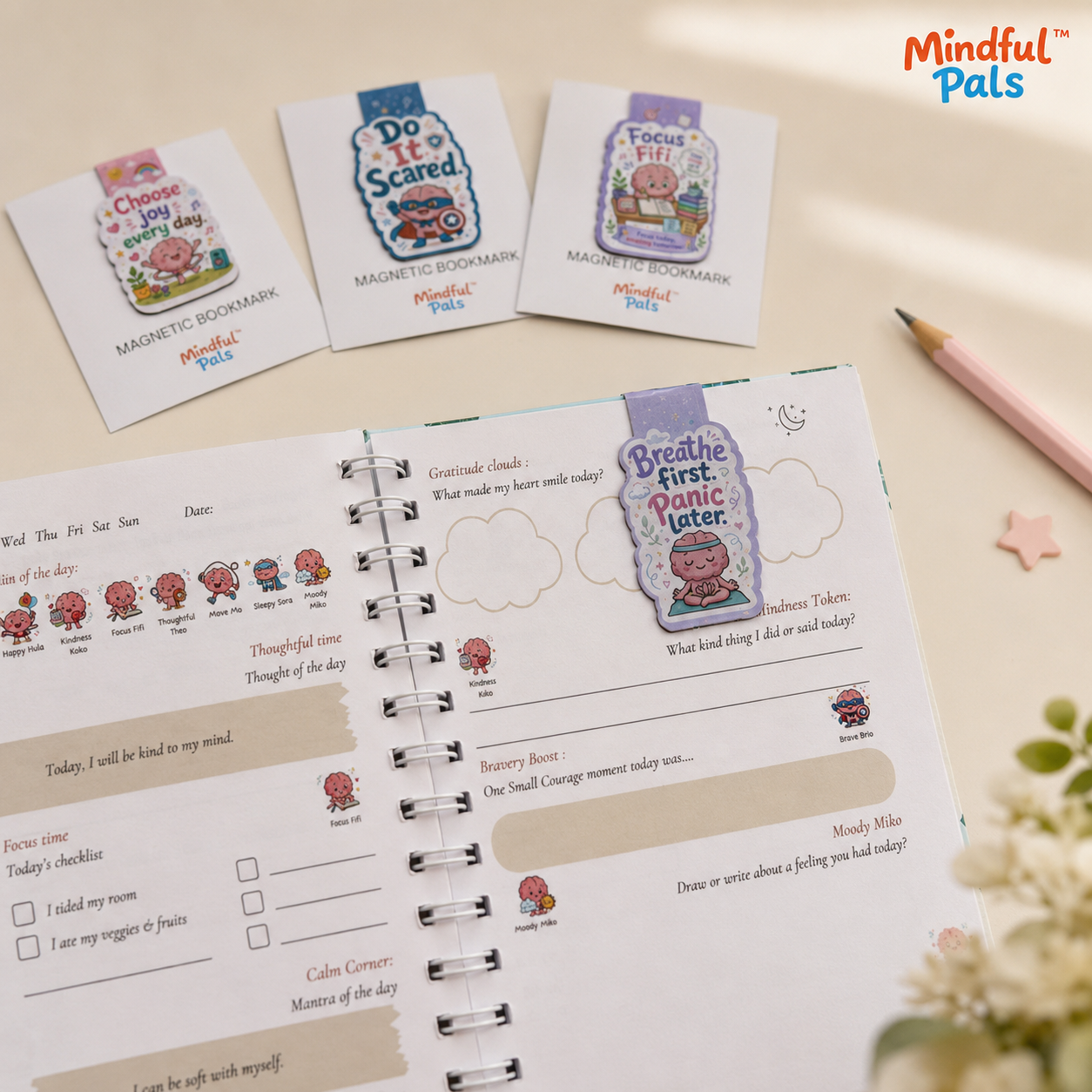 Mindfulpals magnetic bookmark used in a children's mindfulness journal