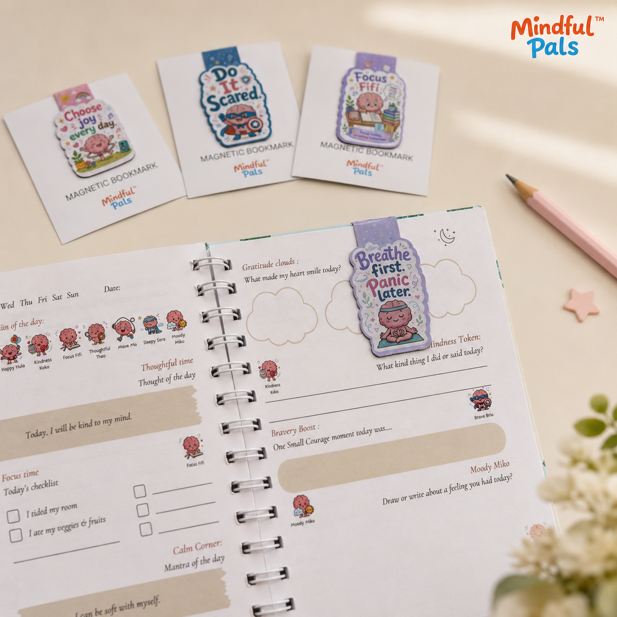 Mindfulpals magnetic bookmark used in a children's mindfulness journal
