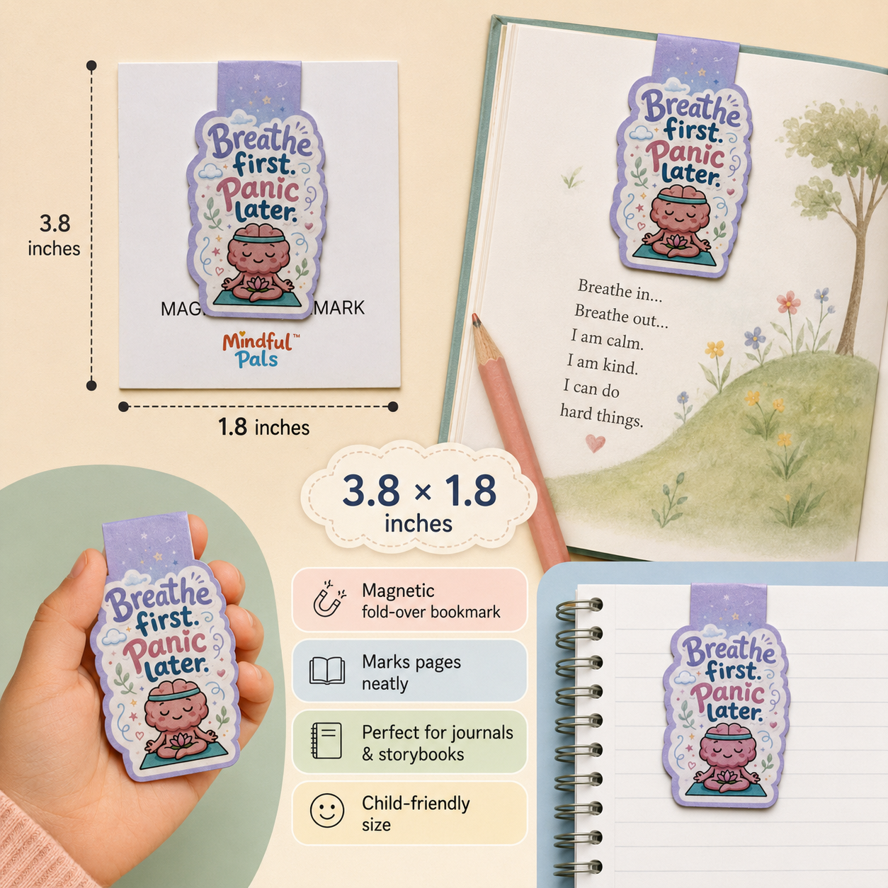 Mindfulpals magnetic bookmark size guide showing 3.8 by 1.8 inches