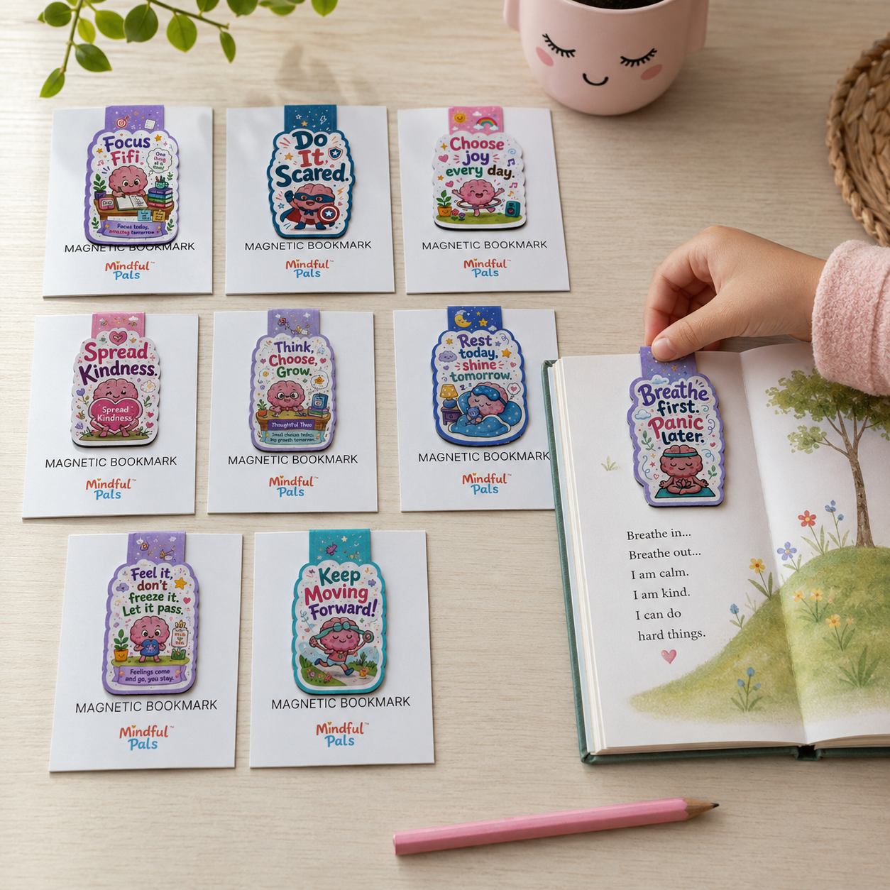 Set of Mindfulpals magnetic bookmarks arranged beside an open children's storybook