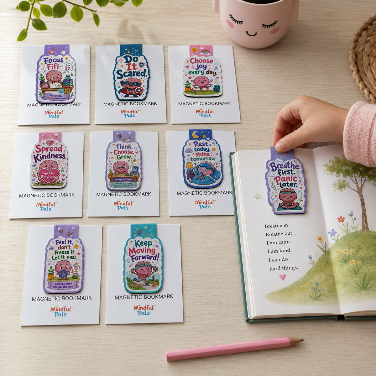 Set of Mindfulpals magnetic bookmarks arranged beside an open children's storybook