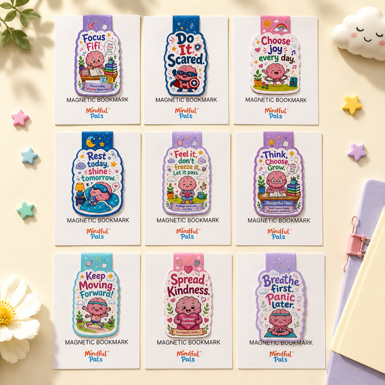 Complete set of 9 Mindfulpals magnetic bookmarks for kids